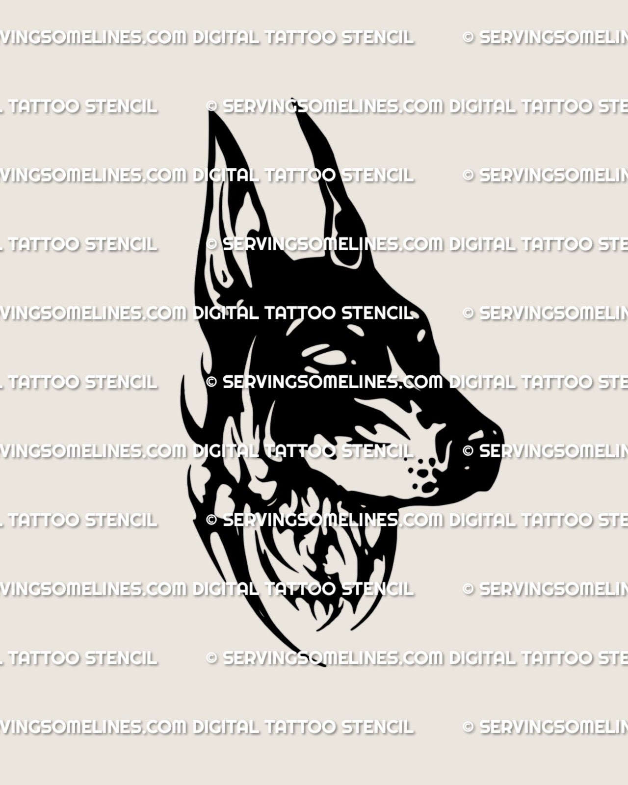 Doberman tattoo stencil shown as a clean linework digital preview. Bold gothic dog head outline with sharp neotribal edges.