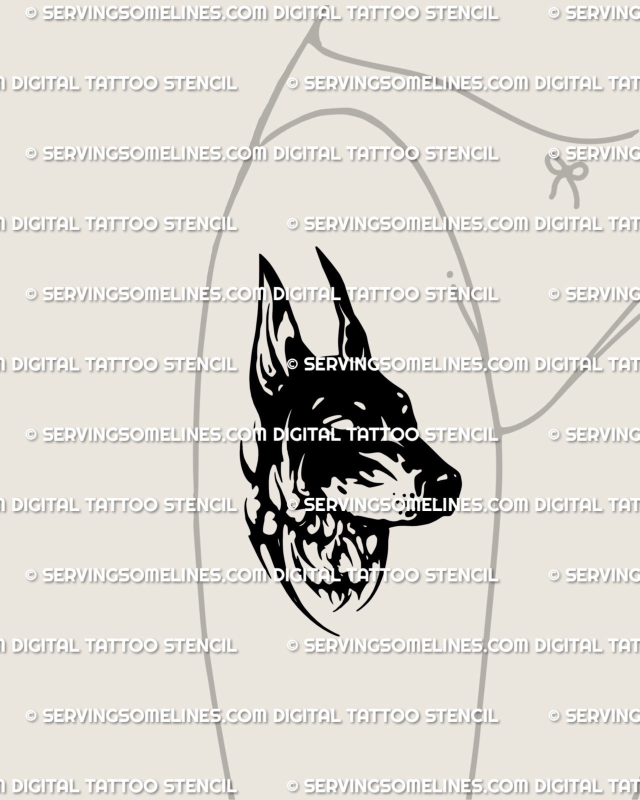 Doberman tattoo stencil displayed on a woman’s hip to show curved fit. Gothic linework dog head with bold neotribal detail styled for sleek side placement.