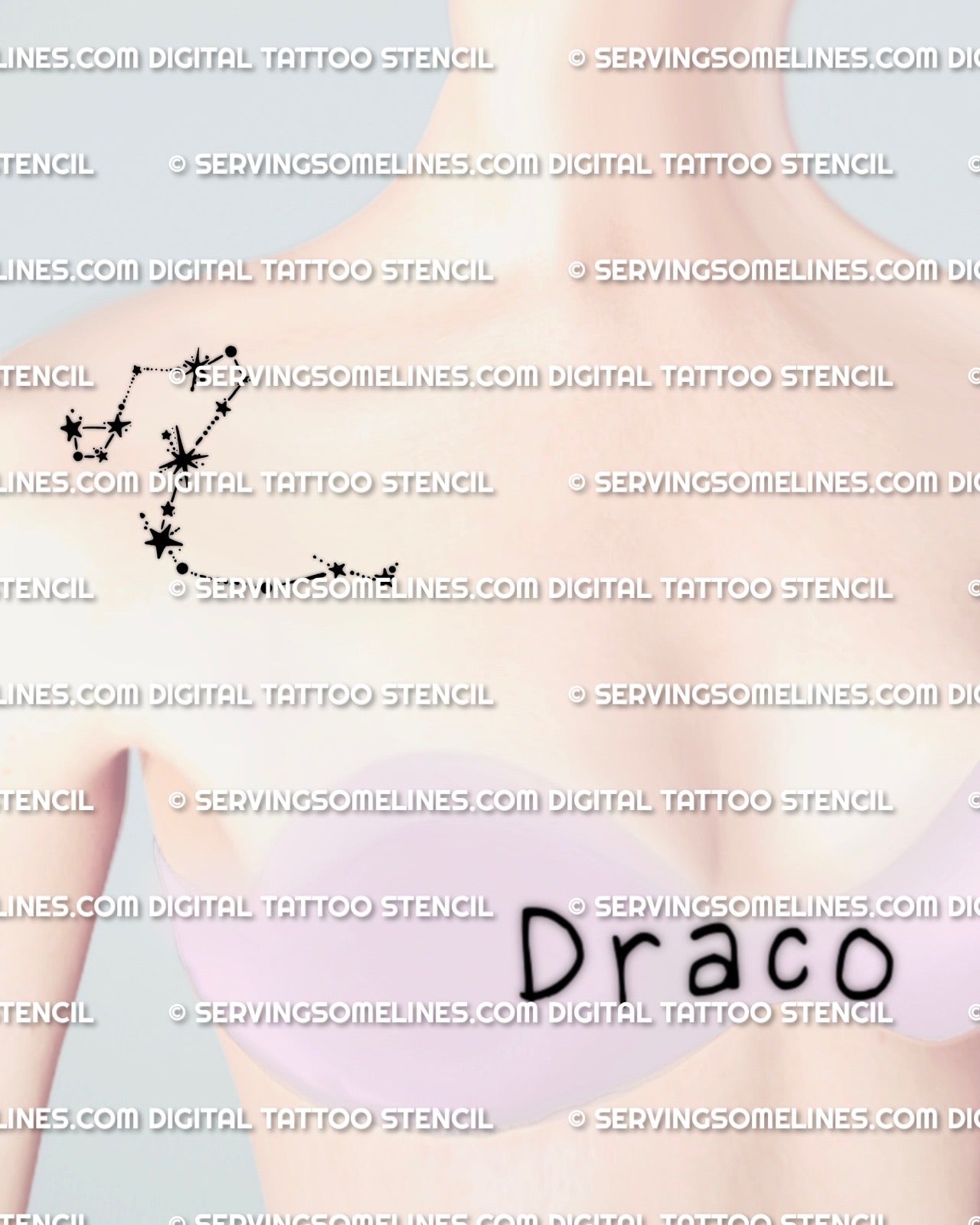 Draco constellation tattoo stencil displayed on women’s collarbone placement example, minimal dragon constellation stars in a clean line path.