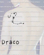 Draco constellation tattoo stencil shown on men’s shoulder placement example, dragon constellation star layout with crisp points and spacing.