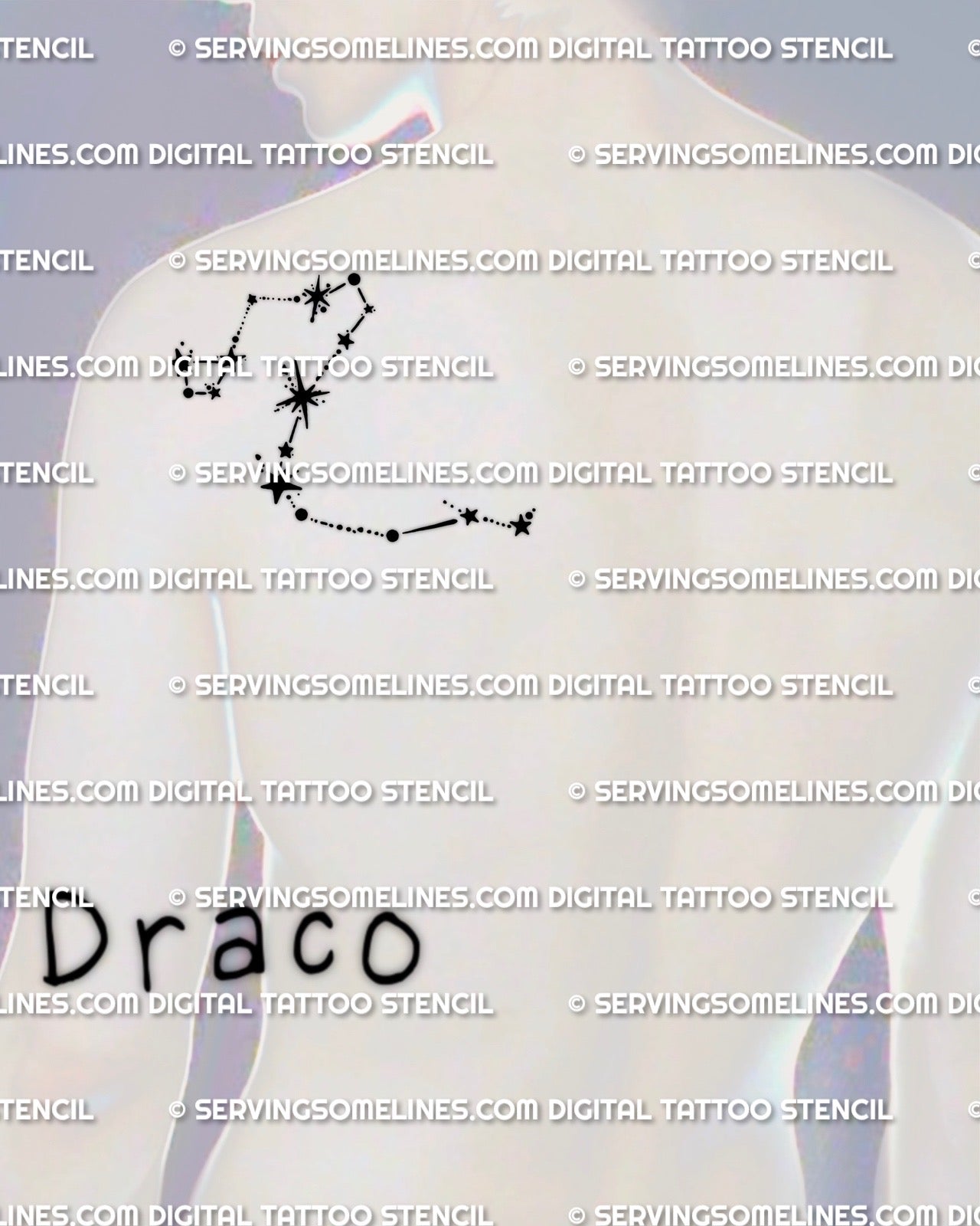 Draco constellation tattoo stencil shown on men’s shoulder placement example, dragon constellation star layout with crisp points and spacing.