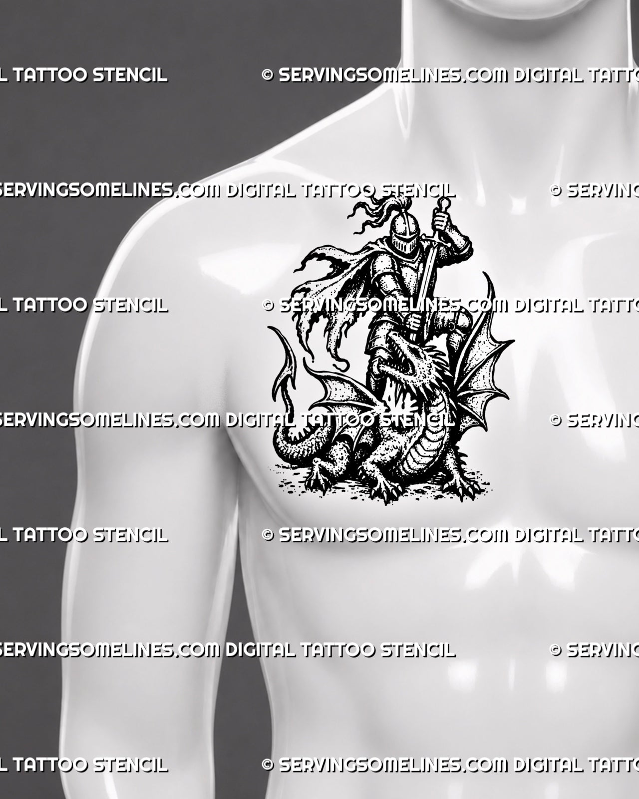 Dragon and knight side chest tattoo for men showing a full winged dragon beneath an armored medieval swordsman