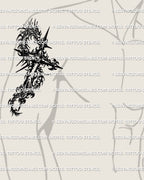 Dragon cross tattoo stencil shown on mens bicep placement with a coiled dragon and bold dark cross silhouette.