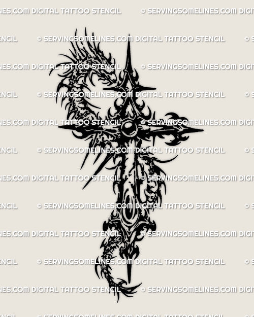 Dragon cross tattoo stencil digital download showing a coiled dragon wrapped around a dark gothic cross with sharp black linework.
