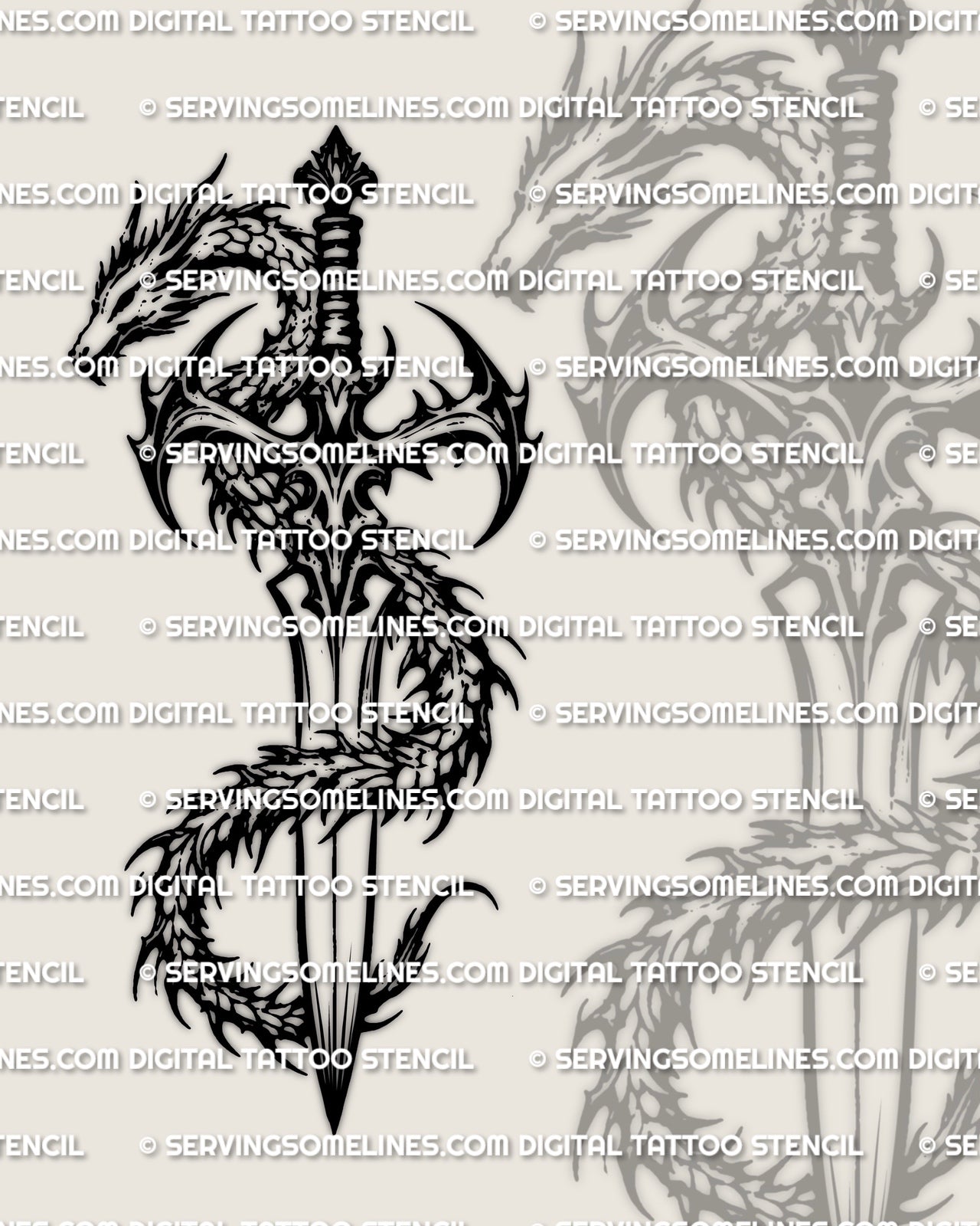 Dragon dagger tattoo stencil close design view, dragon wrap detail and handle accents with a clean dagger silhouette.
