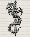 Dragon dagger tattoo stencil design with a coiled dragon wrapping the blade, cybertribal handle accents.