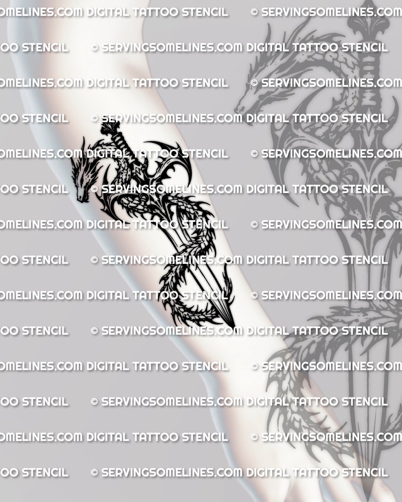 Dagger dragon tattoo stencil shown on forearm placement example, vertical layout with wrapped dragon body along the blade.