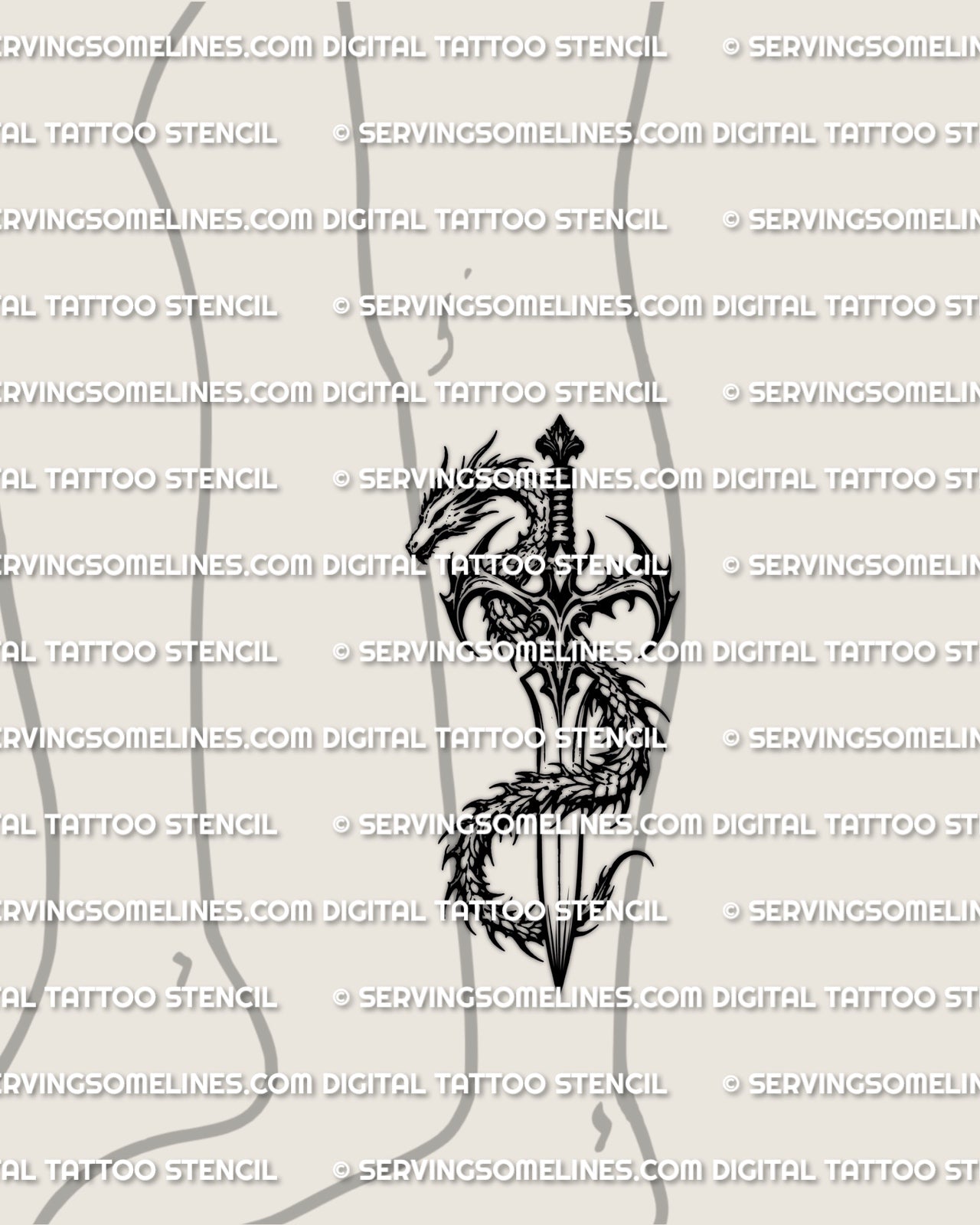 Dragon dagger tattoo stencil shown on lower leg calf placement example, long blade with dragon wrap for a strong vertical read.