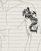 Dragon knife tattoo stencil displayed on mens biceps placement example, compact guard area and coiled wrap detail.