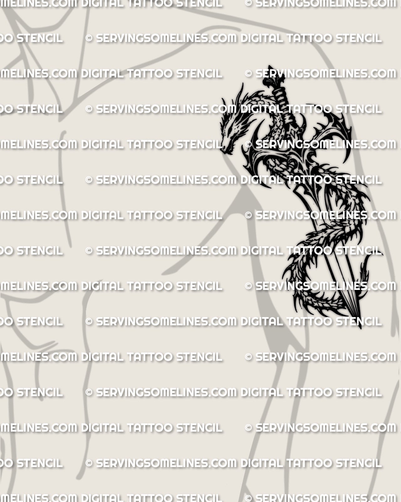 Dragon knife tattoo stencil displayed on mens biceps placement example, compact guard area and coiled wrap detail.