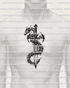 Dragon and dagger tattoo stencil displayed on mens chest center placement example, skull-free dragon wrap with dagger as the spine.