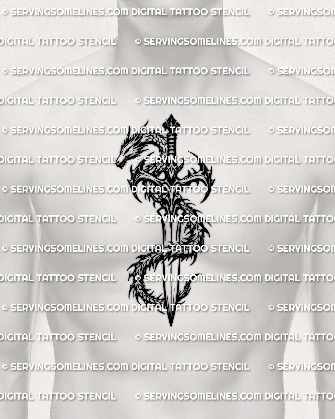 Dragon and dagger tattoo stencil displayed on mens chest center placement example, skull-free dragon wrap with dagger as the spine.