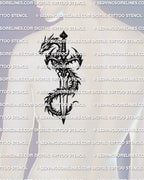 Dragon and dagger tattoo stencil displayed on mens shoulder placement example, dragon head near the guard, body wrapping down.
