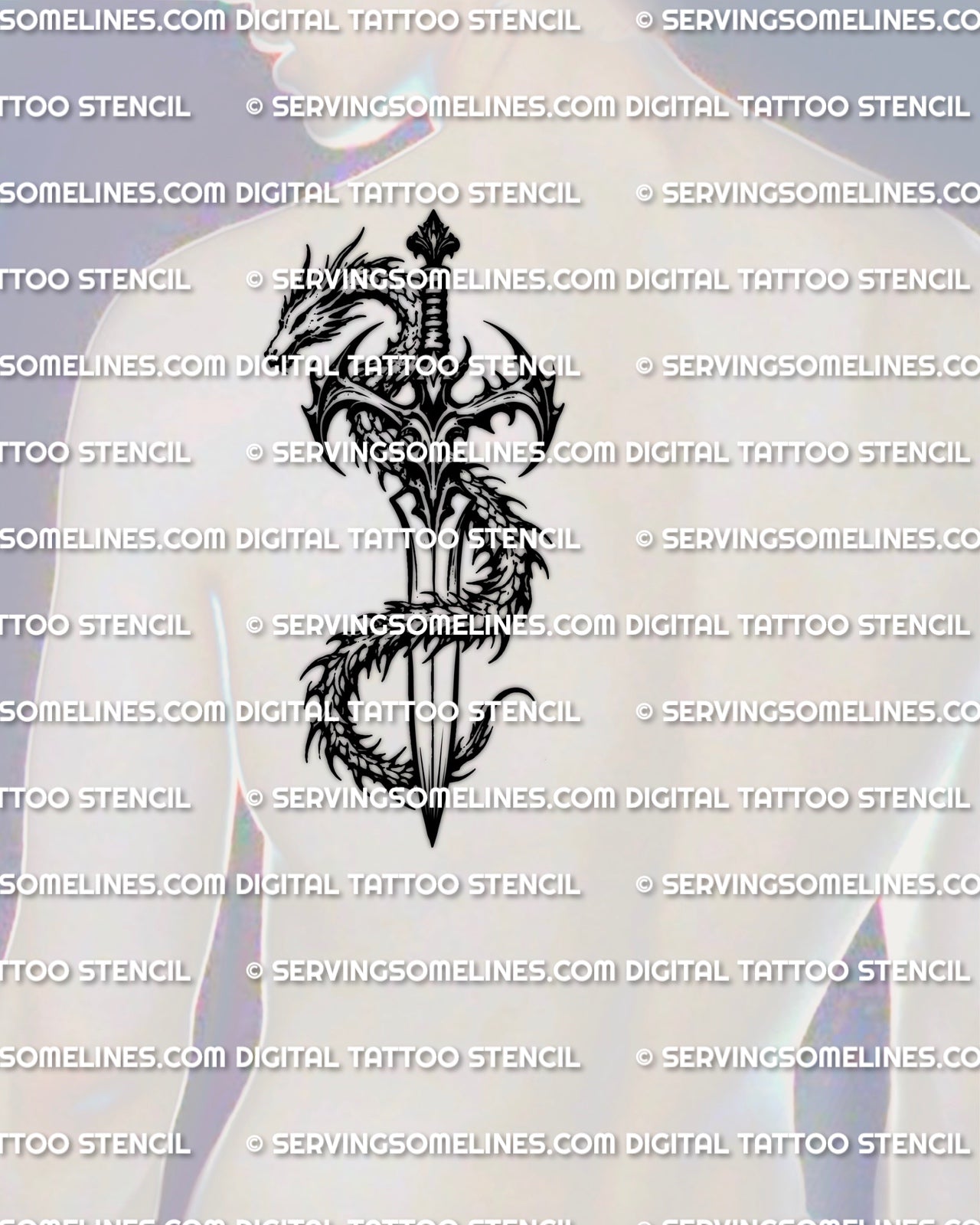 Dragon and dagger tattoo stencil displayed on mens shoulder placement example, dragon head near the guard, body wrapping down.