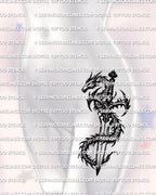 Dragon dagger tattoo stencil shown on womens hip placement example, coiled dragon wrap around the dagger blade.