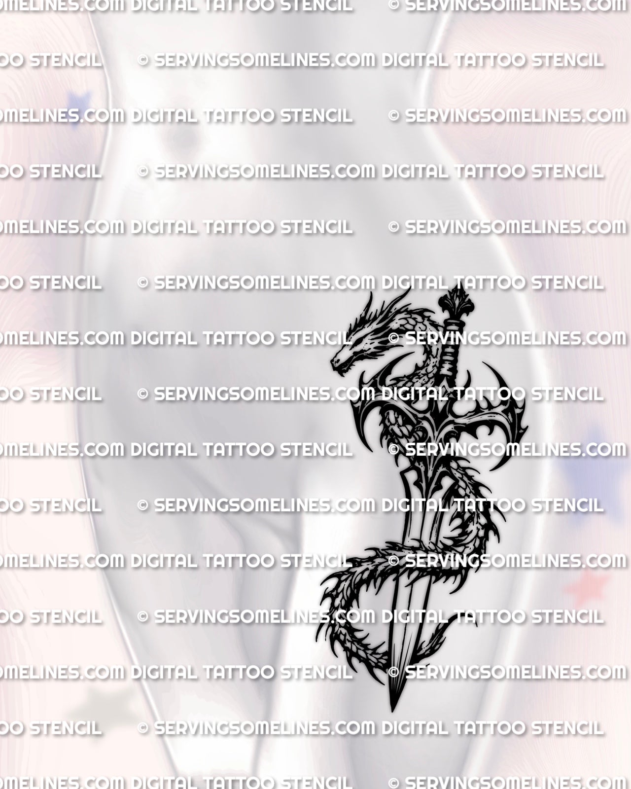 Dragon dagger tattoo stencil shown on womens hip placement example, coiled dragon wrap around the dagger blade.