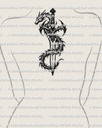 Dragon and dagger tattoo stencil displayed on womens spine upper back center placement example, vertical dagger with dragon wrap detail.
