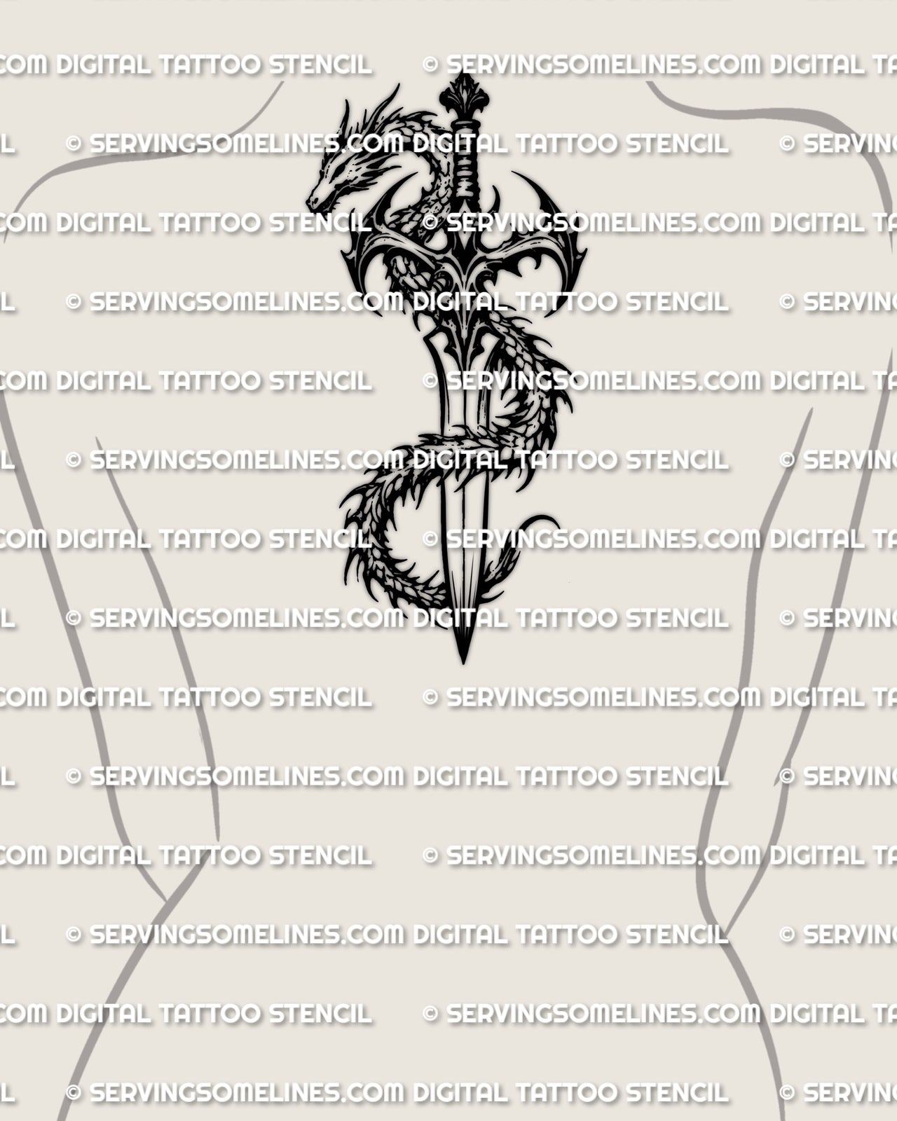Dragon and dagger tattoo stencil displayed on womens spine upper back center placement example, vertical dagger with dragon wrap detail.
