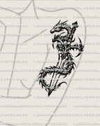 Dragon dagger tattoo stencil shown on womens upper arm placement example, coiled dragon wrap follows the blade cleanly.