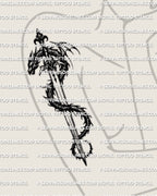 Dragon sword stencil file shown on womens arm placement example, clean outline for tattoo transfer.
