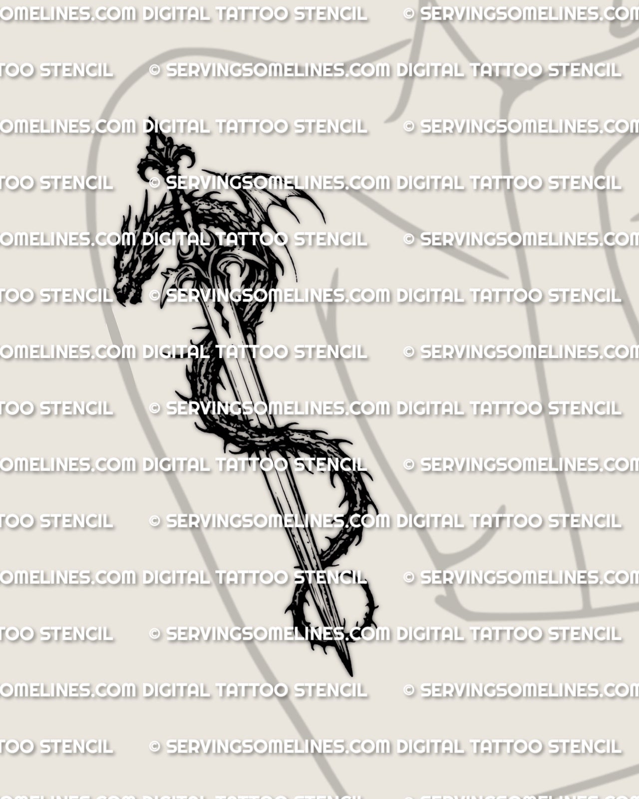 Dragon sword stencil file shown on womens arm placement example, clean outline for tattoo transfer.