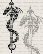 Alternative dragon sword tattoo stencil view, same design at full size for print and stencil transfer.