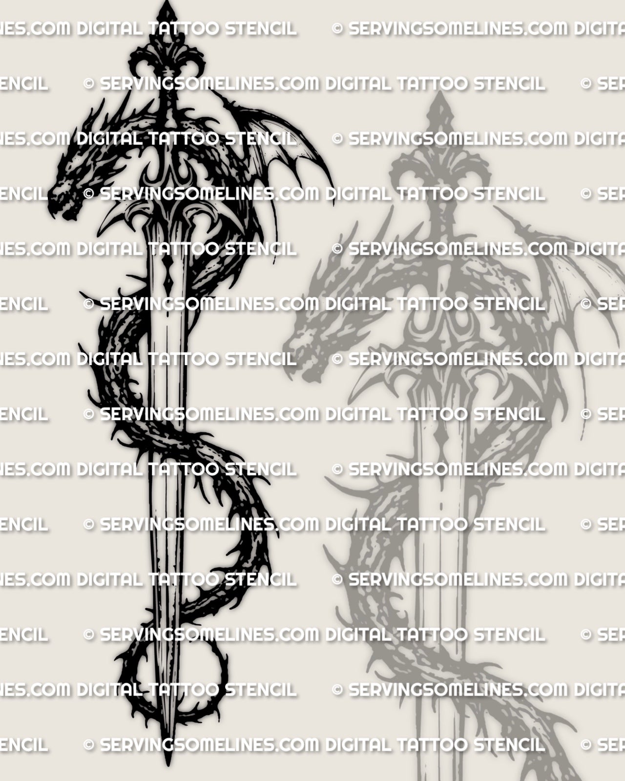 Alternative dragon sword tattoo stencil view, same design at full size for print and stencil transfer.