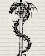 Close view of dragon sword tattoo stencil linework, blade details and dragon scales, printable stencil file.