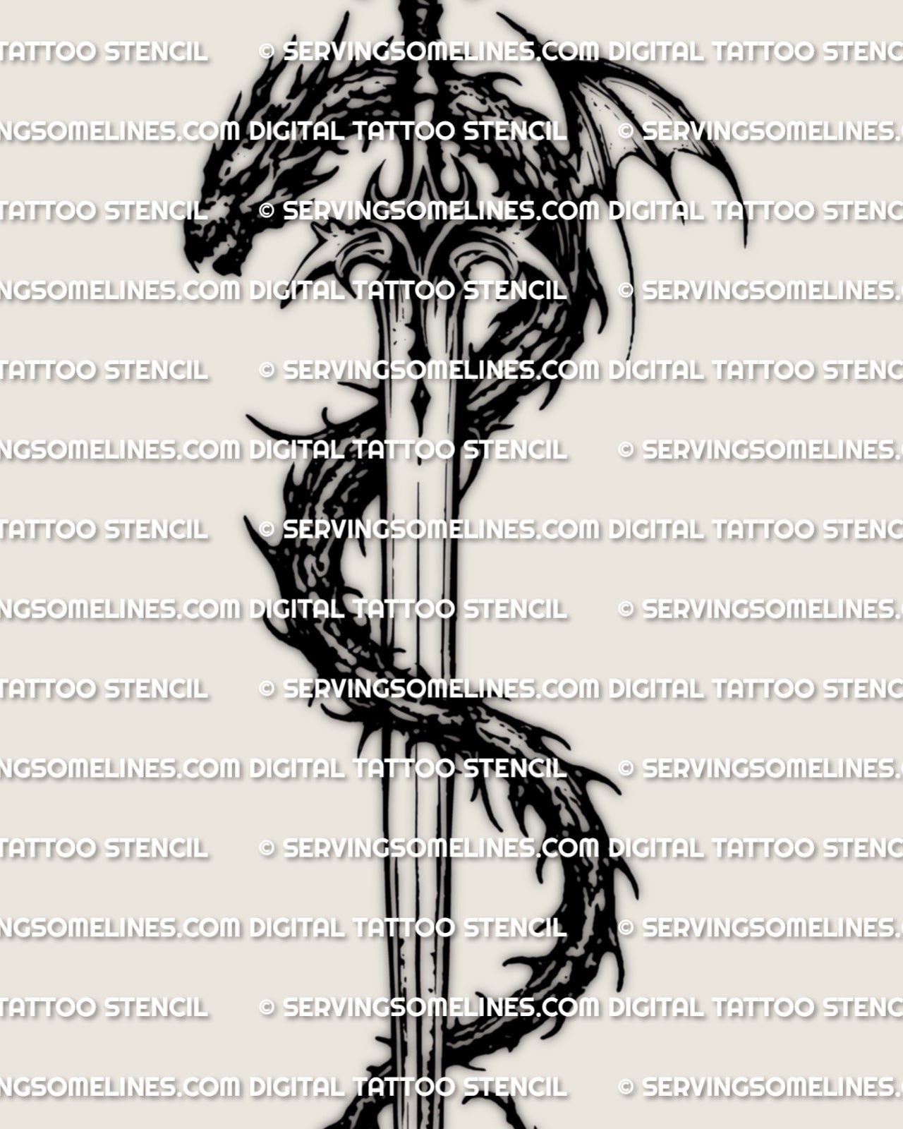 Close view of dragon sword tattoo stencil linework, blade details and dragon scales, printable stencil file.