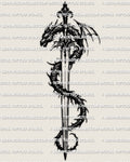 Dragon sword tattoo stencil design, long blade with dragon wrap, crisp linework, instant download.