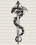 Dragon sword tattoo stencil design, long blade with dragon wrap, crisp linework, instant download.