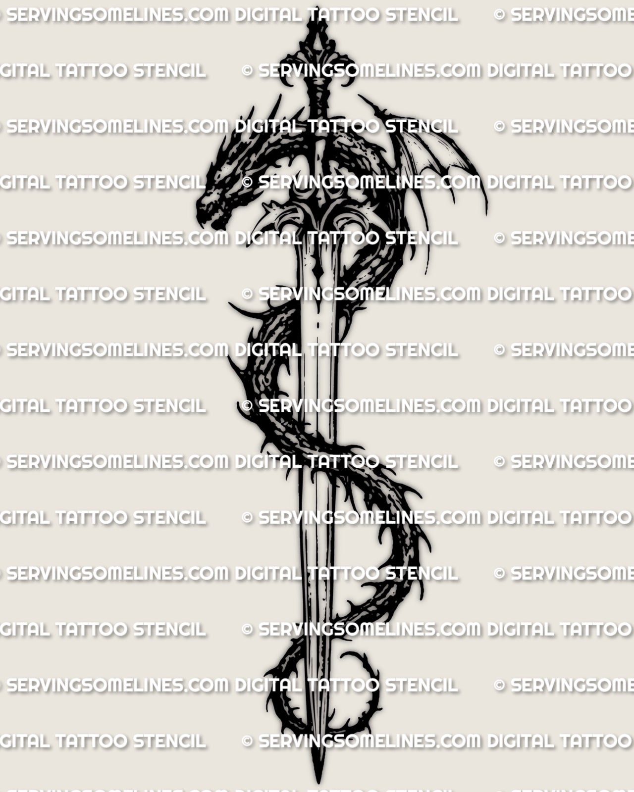 Dragon sword tattoo stencil design, long blade with dragon wrap, crisp linework, instant download.