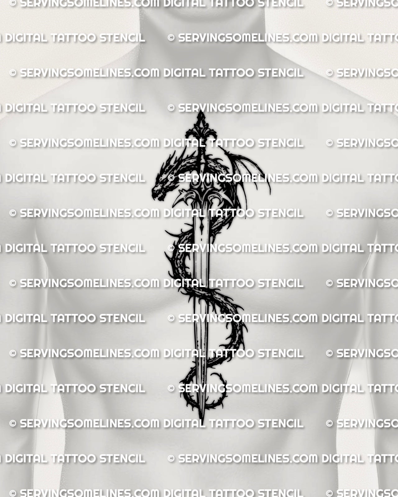Dragon sword tattoo stencil shown on mens chest sternum placement example, centered vertical sword design.