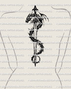 Dragon sword tattoo stencil displayed on womens spine placement example, long sword silhouette with wrap detail.