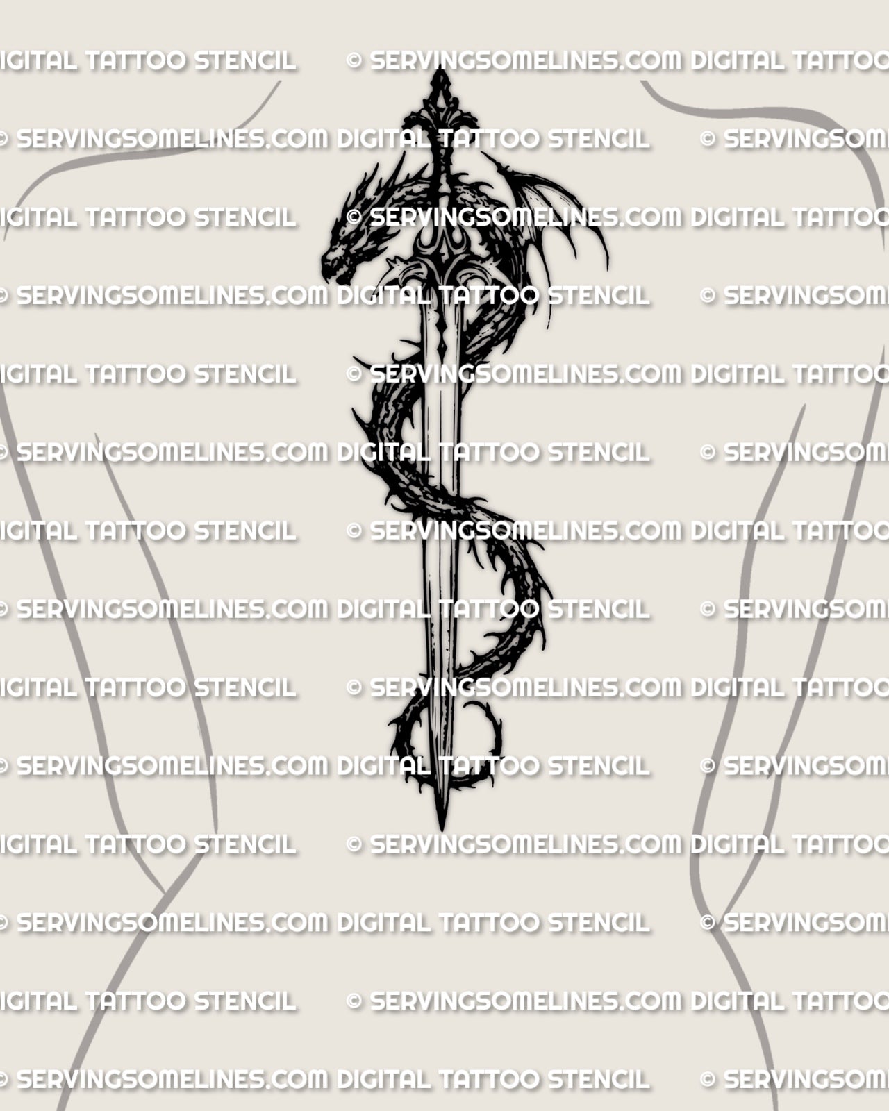 Dragon sword tattoo stencil displayed on womens spine placement example, long sword silhouette with wrap detail.