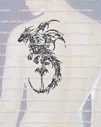 Dragon tattoo stencil shown on men’s back and shoulder placement, cybersigilism linework design for bold large-scale tattoos