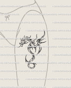 Cyber tribal dragon tattoo displayed on woman’s front thigh placement, clean line art digital stencil with curved wings and strong flow. 