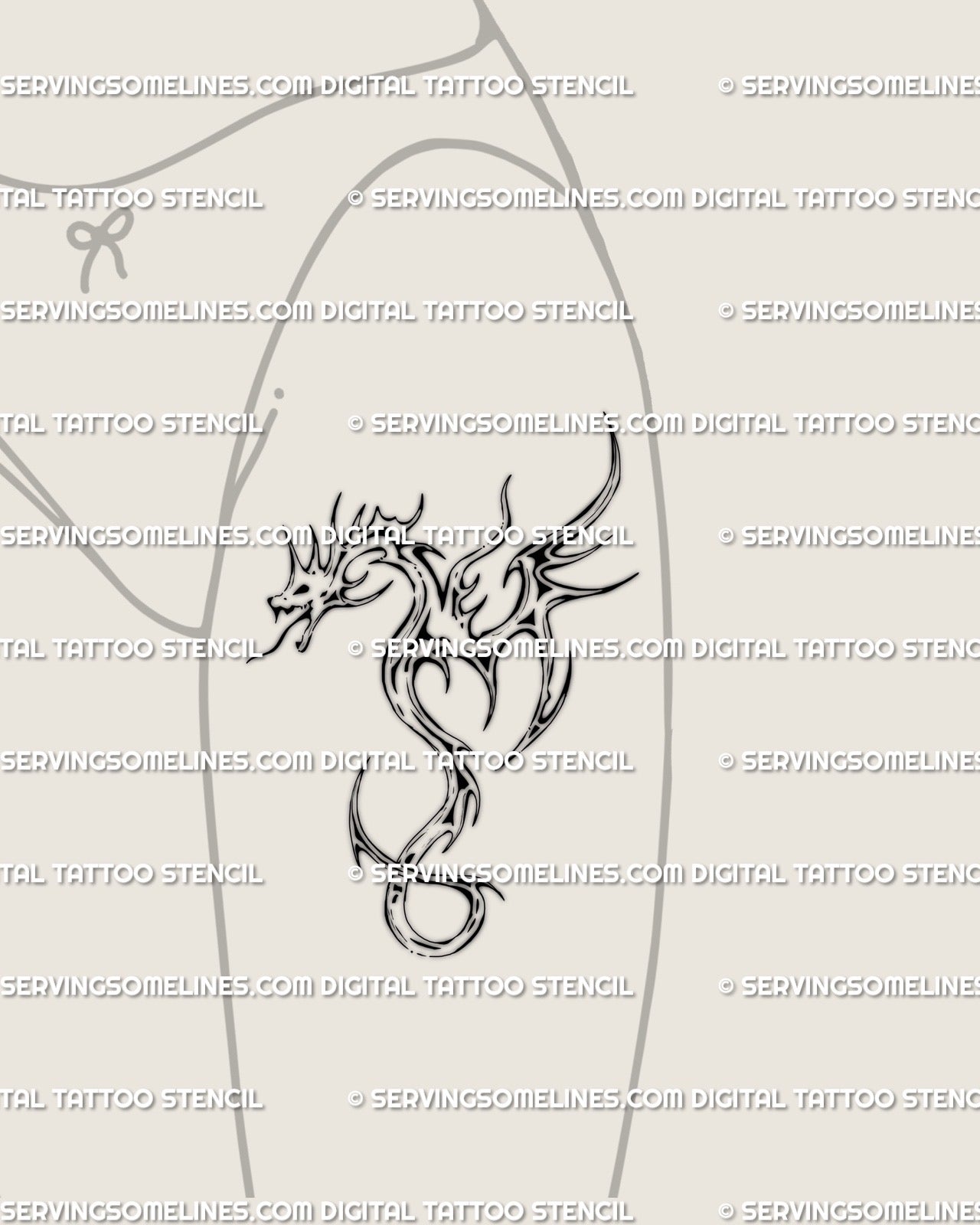 Cyber tribal dragon tattoo displayed on woman’s front thigh placement, clean line art digital stencil with curved wings and strong flow. 