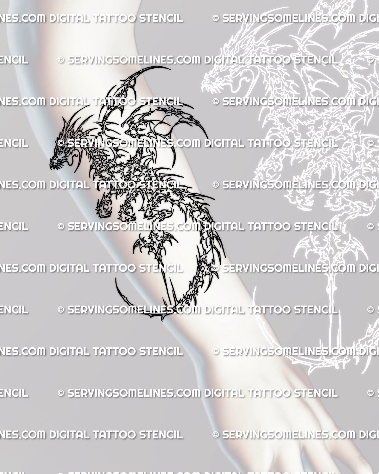 Cybersigilism dragon tattoo stencil shown on forearm placement, abstract linework design that stays readable when resized