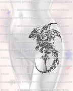 Dragon tattoo stencil shown on women’s hip placement, abstract cybersigilism linework designed for clean curved body flow