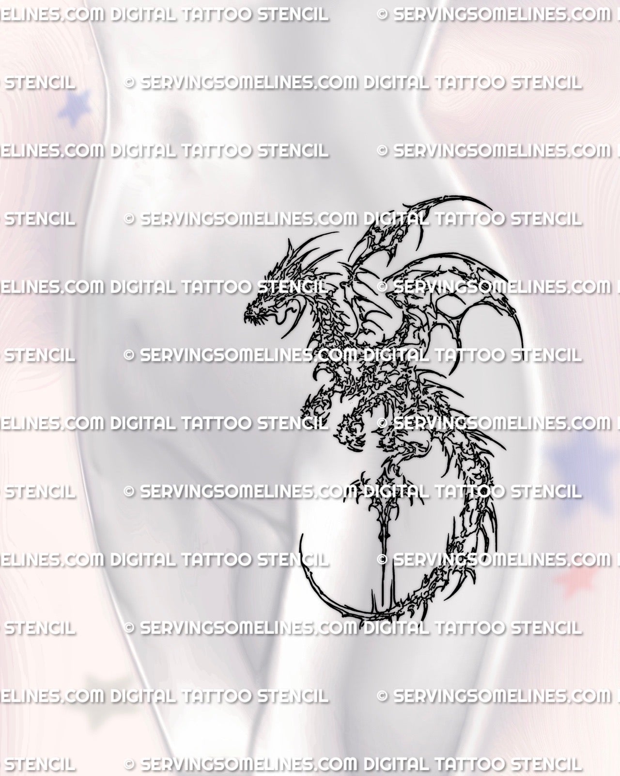 Dragon tattoo stencil shown on women’s hip placement, abstract cybersigilism linework designed for clean curved body flow
