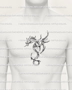 Cyber tribal dragon tattoo centered on male chest, clean digital stencil with symmetrical wings and modern ornamental pattern lines.