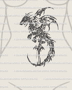 Dragon tattoo stencil shown on women’s stomach placement, cybersigilism linework design shaped for centered body tattoos