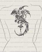 Dragon tattoo stencil shown on women’s upper back placement, cybersigilism style linework with strong vertical structure