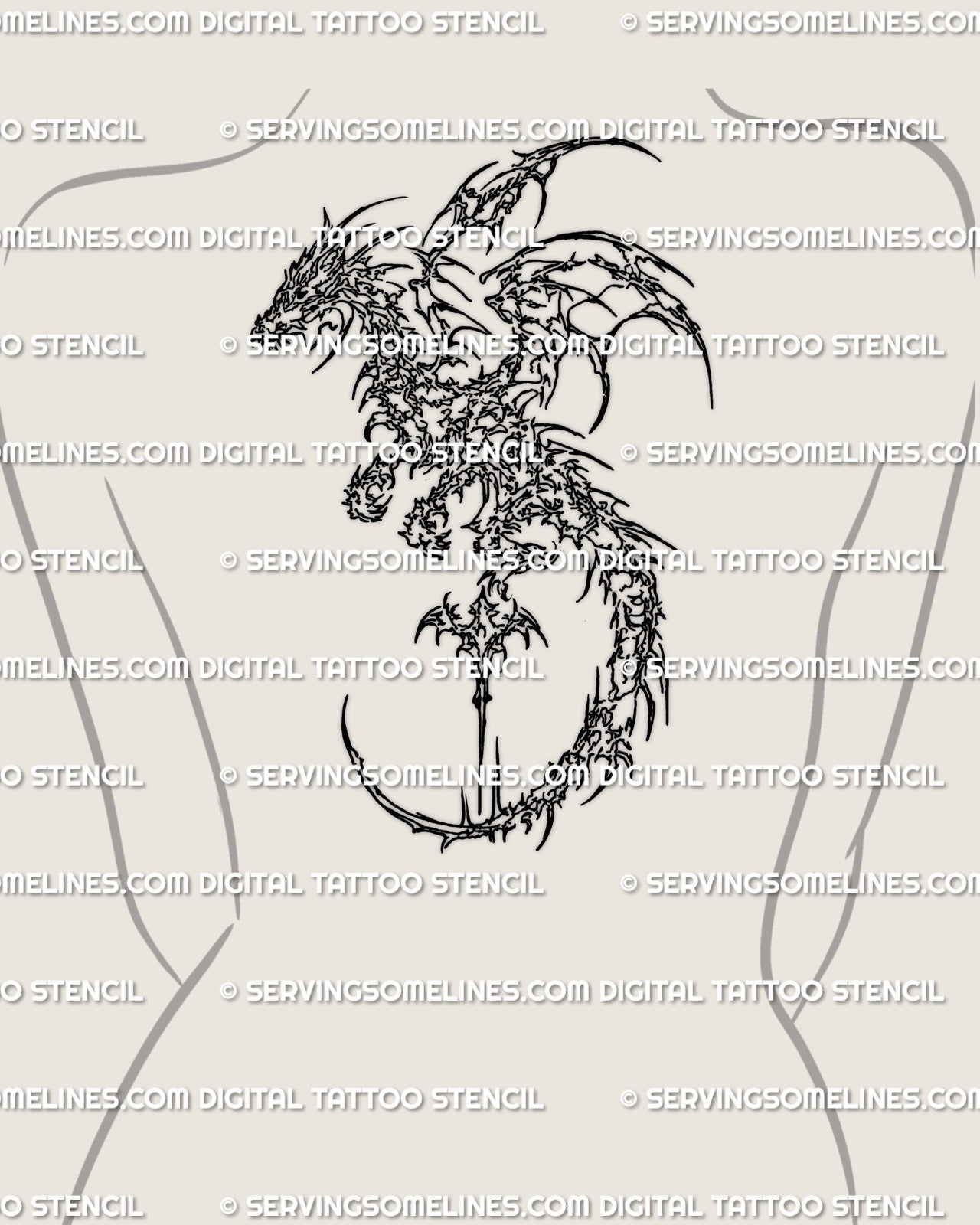 Dragon tattoo stencil shown on women’s upper back placement, cybersigilism style linework with strong vertical structure