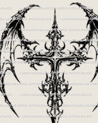 Dragon wing cross tattoo stencil in gothic blackwork with spiked wings and ornamental cross center
