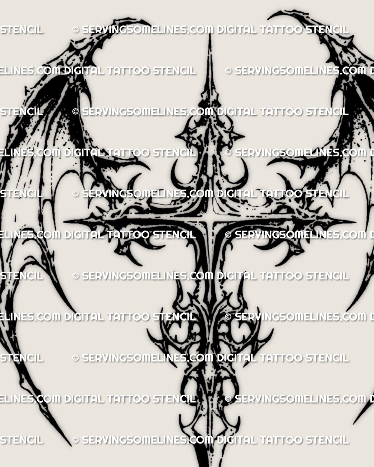 Dragon wing cross tattoo stencil in gothic blackwork with spiked wings and ornamental cross center
