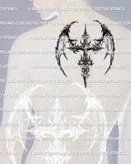 Dragon wing cross tattoo shown on men’s upper back placement, bold gothic blackwork silhouette
