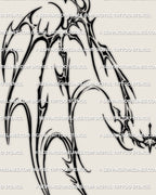 close up of cyber sigil dragon wings tattoo stencil, detailed cyber tribal tips and creature inspired curves for upper back tattoos