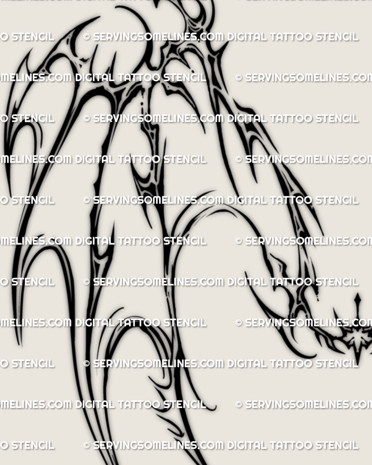 close up of cyber sigil dragon wings tattoo stencil, detailed cyber tribal tips and creature inspired curves for upper back tattoos